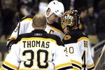 PITTSBURGH, PA - JANUARY 10:  Tuukka Rask #40 celebrates with Zdeno Chara #33 and Tim Thomas #30 of the Boston Bruins against the Pittsburgh Penguins on January 10, 2011 at Consol Energy Center in Pittsburgh, Pennsylvania.  The Bruins defeated the Penguins 4-2.  (Photo by Justin K. Aller/Getty Images)