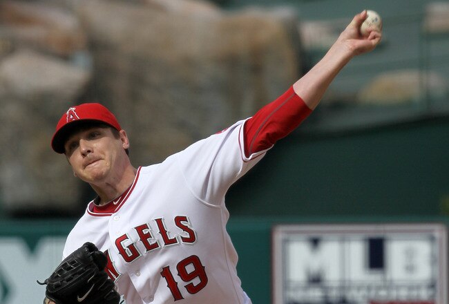 ANAHEIM, CA - SEPTEMBER 08:  Scott Zazmir #19 of the Los Angeles Angels of Anaheim throws a pitch against the Cleveland Indians on September 8, 2010 at Angel Stadium in Anaheim, California.  (Photo by Stephen Dunn/Getty Images)