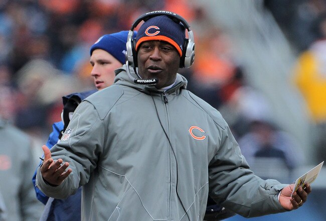 CHICAGO, IL - JANUARY 16:  Head coach Lovie Smith of the Chicago Bears reacts in the second half against the Seattle Seahawks in the 2011 NFC divisional playoff game at Soldier Field on January 16, 2011 in Chicago, Illinois.  (Photo by Doug Pensinger/Getty Images)