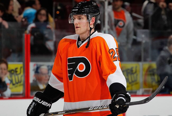 PHILADELPHIA, PA - JANUARY 25:  Matt Carle #25 of the Philadelphia Flyers waits during warmups before an NHL hockey game against the Montreal Canadiens at the Wells Fargo Center on January 25, 2011 in Philadelphia, Pennsylvania.  (Photo by Paul Bereswill/Getty Images)