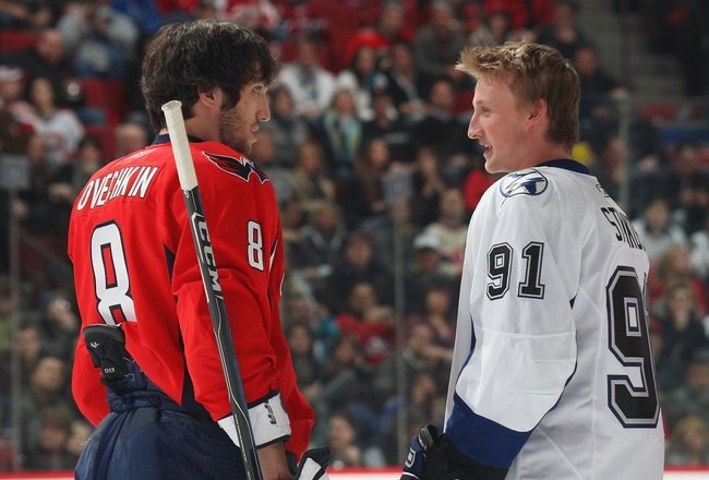 MONTREAL - JANUARY 24:  Alex Ovechkin #8 and Steven Stamkos #91 confer during the Honda NHL Superskills competition as part of the 2009 NHL All-Star weekend on January 24, 2009 at the Bell Centre in Montreal, Canada. (Photo by Bruce Bennett/Getty Images)