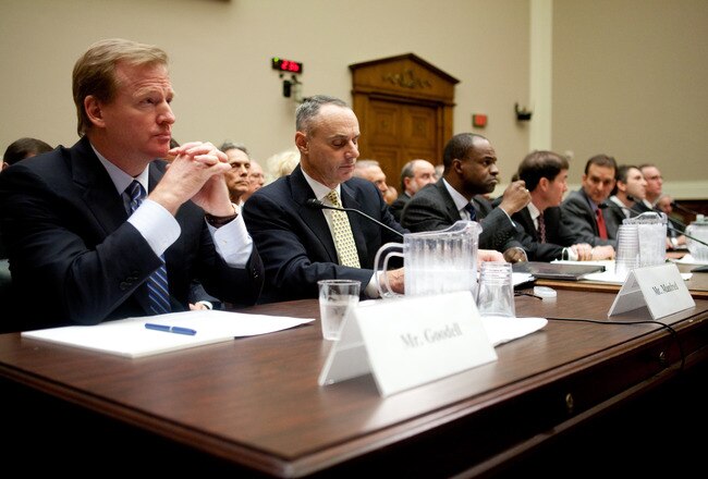 WASHINGTON - NOVEMBER 03: National Football League Commissioner Roger Goodell, Rob Manfred, executive vice president of labor and human resources in the Office of the Commissioner of Baseball, Major League Baseball, NFL Players Association Executive Director DeMaurice Smith, Michael Weiner, general counsel for the Major League Baseball Players Association, Travis Tygart, CEO of the United States Anti-Doping Agency, Gabriel Feldman, associate professor of law and director of the Sports Law Program at Tulane University Law School, and Jeffrey Standen, professor of law at the Willamette University College of Law (L-R), testify on Capitol Hill on November 3, 2009 in Washington, DC. The hearing focused on doping in professional sports.(Photo by Brendan Hoffman/Getty Images)