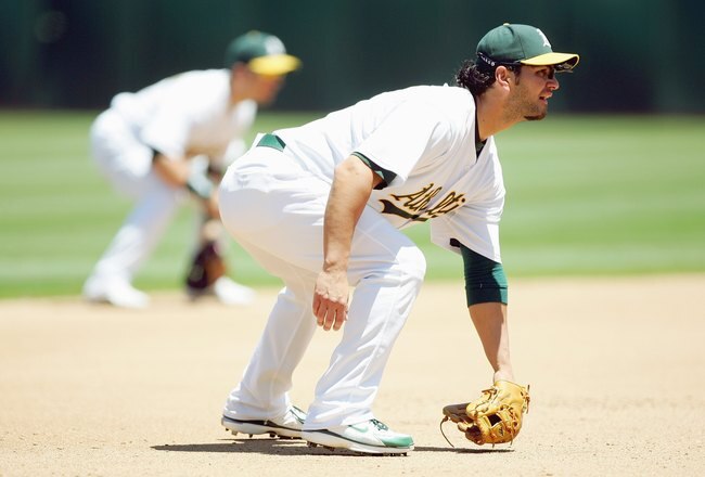 OAKLAND, CA - JUNE 07: Eric Chavez #3 of the Oakland Athletics gets ready infield during a Major League Baseball game on June 7, 2007 at McAfee Coliseum in Oakland, California. (Photo by Jed Jacobsohn/Getty Images)
