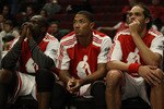 CHICAGO, IL - DECEMBER 01: (L-R) Loul Deng #9, Derrick Rose #1 and Joakim Noah #13 of the Chicago Bulls watch their teammates during a loss to the Orlando Magic at the United Center on December 1, 2010 in Chicago, Illinois. The Magic defeated the Bulls 107-78. NOTE TO USER: User expressly acknowledges and agrees that, by downloading and/or using this Photograph, User is consenting to the terms and conditions of the Getty Images License Agreement. (Photo by Jonathan Daniel/Getty Images)