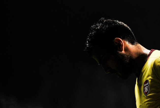BRAGA, PORTUGAL - NOVEMBER 23:  Cesc Fabregas of Arsenal looks down after missing a chance to score during the UEFA Champions League Group H match between SC Braga and Arsenal at Estadio Municipal de Braga on November 23, 2010 in Braga, Portugal. SC Braga won the match 2-0.  (Photo by David Ramos/Getty Images)