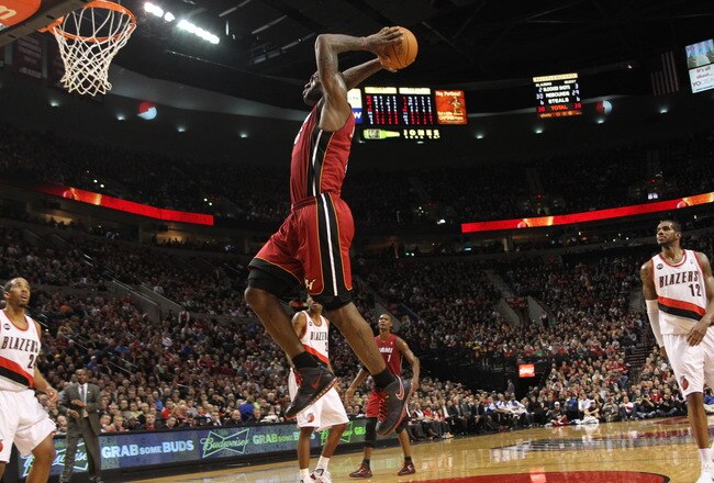 PORTLAND, OR - JANUARY 09: LeBron James #6 of the Miami Heat dunks against the Portland Trail Blazers during a game on January 9, 2011 at the Rose Garden Arena in Portland, Oregon. NOTE TO USER: User expressly acknowledges and agrees that, by downloading and or using this photograph, User is consenting to the terms and conditions of the Getty Images License Agreement. (Photo by Tom Hauck/Getty Images)