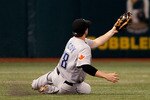 ST. PETERSBURG - JUNE 08:  Shortstop Mike McCoy #18 of the Toronto Blue Jays makes an over-the-shoulder catch against the Tampa Bay Rays during the game at Tropicana Field on June 8, 2010 in St. Petersburg, Florida.  (Photo by J. Meric/Getty Images)