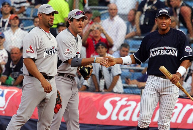NEW YORK - JULY 14: (L-R) Alberto Pujols of the St Louis Cardinals, Lance Berkman of the Houston Astros and Alex Rodriguez of the New York Yankees talk during batting practice for the 2008 MLB All-Star game at Yankee Stadium on July 14, 2008 in the Bronx borough of New York City.  (Photo by Jim McIsaac/Getty Images)