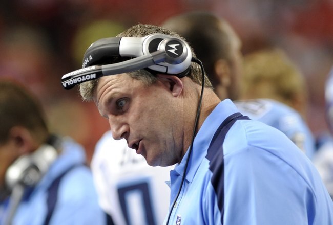 ATLANTA - AUGUST 22: Offensive line coach Mike Munchak of the Tennessee Titans directs play against the Atlanta Falcons at the Georgia Dome on August 22, 2008 in Atlanta, Georgia.  (Photo by Al Messerschmidt/Getty Images)