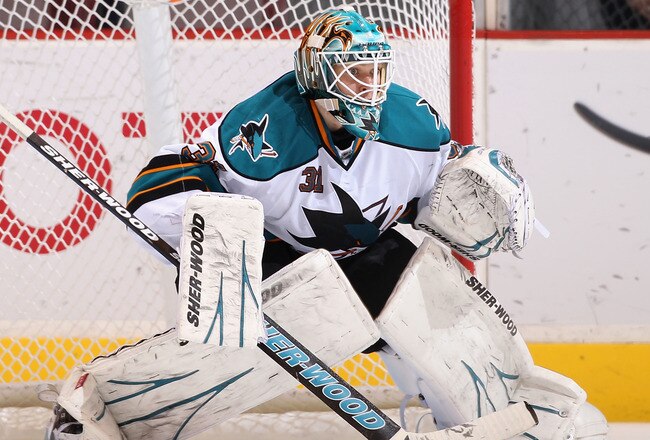 GLENDALE, AZ - JANUARY 17:  Goaltender Antti Niemi #31 of the San Jose Sharks in action during the NHL game against the Phoenix Coyotes at Jobing.com Arena on January 17, 2011 in Glendale, Arizona.  The Sharks defeated the Coyotes 4-2.  (Photo by Christian Petersen/Getty Images)