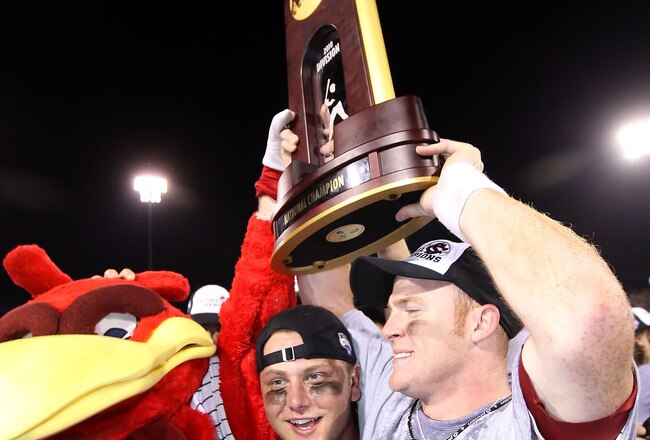 OMAHA, NE - JUNE 29:  The South Carolina Gamecocks celebrate with the championship trophy after defeating the UCLA Bruins in game 2 of the men's 2010 NCAA College Baseball World Series at Rosenblatt Stadium on June 29, 2010 in Omaha, Nebraska. The Gamecocks defeated the Bruins 2-1 in eleven innings to win the National Championship.  (Photo by Christian Petersen/Getty Images)