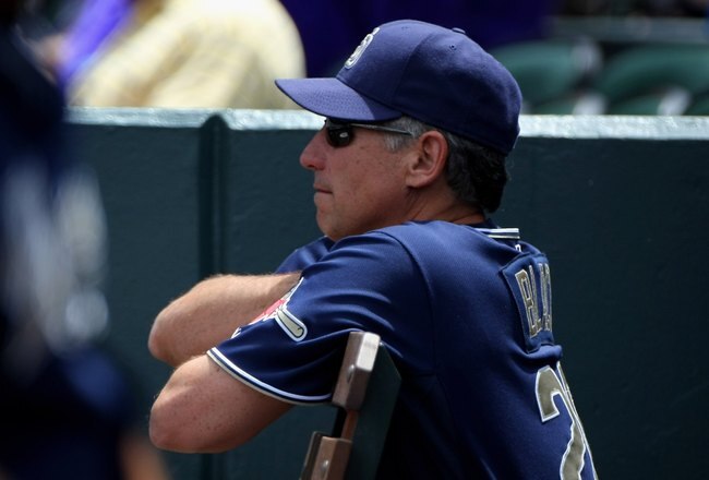 DENVER - MAY 31:  Manager Bud Black #20 of the San Diego Padres watches the action against the Colorado Rockies during MLB action at Coors Field on May 31, 2009 in Denver, Colorado. The Padres defeated the Rockies 5-2.  (Photo by Doug Pensinger/Getty Images)