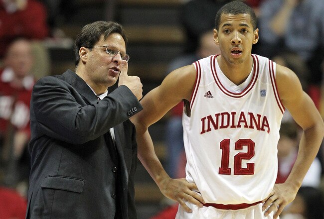 BLOOMINGTON, IN - DECEMBER 27:  Tom Crean the Head Coach of the Indiana Hoosiers gives instructions to Verdell Jones III #12 during the Big Ten Conference game against the Penn State Nittany Lions on December 27, 2010 at Assembly Hall in Bloomington, Indiana.  (Photo by Andy Lyons/Getty Images)
