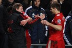 LONDON, ENGLAND - FEBRUARY 06:  Kenny Dalglish manager of Liverpool celebrates with Jamie Carragher and Steven Gerrard after the Barclays Premier League match between Chelsea and Liverpool at Stamford Bridge on February 6, 2011 in London, England.  (Photo by Scott Heavey/Getty Images)