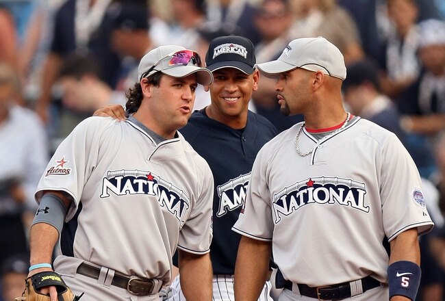 NEW YORK - JULY 14:  (L-R) Lance Berkman of the Houston Astros, Alex Rodriguez of the New York Yankees and Alberto Pujols of the St. Louis Cardinals talk during batting practice for the 2008 MLB All-Star game at Yankee Stadium on July 14, 2008 in the Bronx borough of New York City.  (Photo by Chris McGrath/Getty Images)
