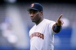 SAN DIEGO, CA - MAY 4, 1995:  (FILE PHOTO)  Coach Bobby Bonds of the San Francisco Giants gives instructions to his players during a game against the San Diego Padres at Jack Murphy Stadium May 4, 1995 in San Diego, California.  The Giants won the game 5-2. Bonds, who had been suffering from a brain tumor and lung cancer, died at the age of 57 August 23, 2003. He was a three-time All-Star and the 1973 game MVP. Bonds hit 332 home runes and stole 461 bases with the Chicago Cubs, Chicago White Sox, Texas, Cleveland, St. Louis, California Angels, Giants and New York Yankees.  (Photo by Stephen Dunn/Getty Images)