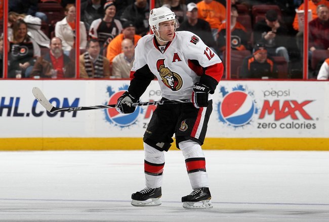 PHILADELPHIA, PA - JANUARY 20:  Mike Fisher #12 of the Ottawa Senators skates against the Philadelphia Flyers on January 20, 2011 at Wells Fargo Center in Philadelphia, Pennsylvania.  (Photo by Jim McIsaac/Getty Images)