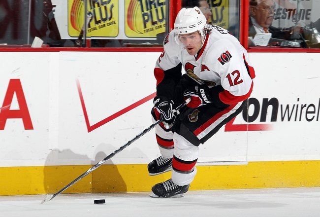 PHILADELPHIA, PA - JANUARY 20:  Mike Fisher #12 of the Ottawa Senators skates against the Philadelphia Flyers on January 20, 2011 at Wells Fargo Center in Philadelphia, Pennsylvania.  (Photo by Jim McIsaac/Getty Images)