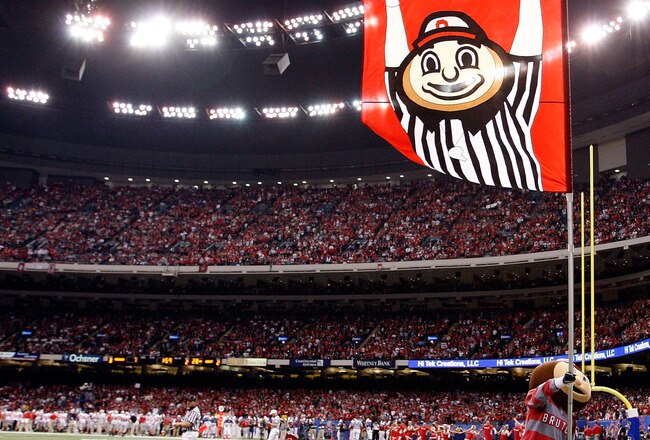 NEW ORLEANS, LA - JANUARY 04:  The Ohio State Buckeyes mascot holds up a flag in the second quarter against the Arkansas Razorbacks during the Allstate Sugar Bowl at the Louisiana Superdome on January 4, 2011 in New Orleans, Louisiana.  (Photo by Kevin C. Cox/Getty Images)