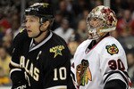 DALLAS, TX - FEBRUARY 11:  Goaltender Marty Turco #30 of the Chicago Blackhawks in goal against the Dallas Stas at American Airlines Center on February 11, 2011 in Dallas, Texas.  (Photo by Ronald Martinez/Getty Images)