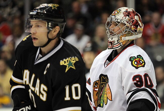DALLAS, TX - FEBRUARY 11:  Goaltender Marty Turco #30 of the Chicago Blackhawks in goal against the Dallas Stas at American Airlines Center on February 11, 2011 in Dallas, Texas.  (Photo by Ronald Martinez/Getty Images)