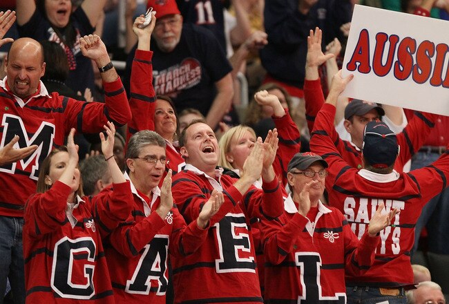 PROVIDENCE, RI - MARCH 18:  The Saint Mary's Gaels  fans celebrate in the second half against the Richmond Spiders during the first round of the 2010 NCAA men's basketball tournament on March 18, 2010 at the Dunkin Donuts Arena in Providence, Rhode Island. St. Mary's defeated Richmond 80-71.  (Photo by Elsa/Getty Images)