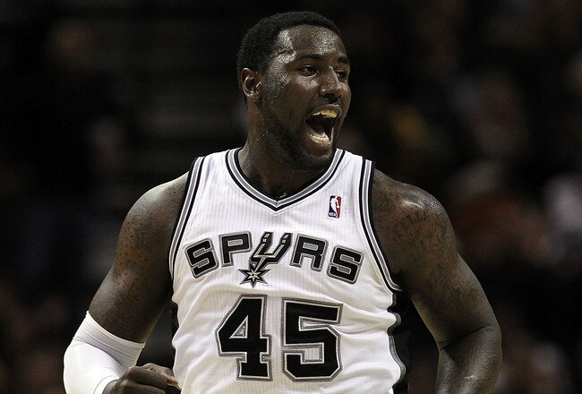 SAN ANTONIO, TX - DECEMBER 28:  Forward DeJuan Blair #45 of the San Antonio Spurs reacts during play against the Los Angeles Lakers at AT&T Center on December 28, 2010 in San Antonio, Texas.  NOTE TO USER: User expressly acknowledges and agrees that, by downloading and/or using this photograph, user is consenting to the terms and conditions of the Getty Images License Agreement.  (Photo by Ronald Martinez/Getty Images)