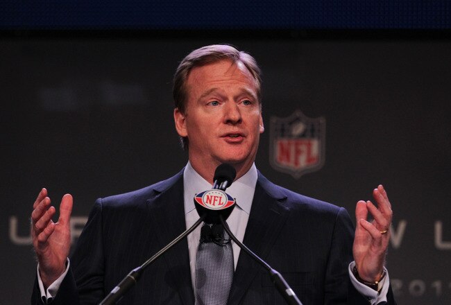 DALLAS, TX - FEBRUARY 04:  NFL commissioner Roger Goodell speaks during a press conference at the Super Bowl XLV media center on February 4, 2011 in Dallas, Texas. The Green Bay Packers will play the Pittsburgh Steelers in Super Bowl XLV on February 6, 2011 at Cowboys Stadium in Arlington, Texas.  (Photo by Doug Pensinger/Getty Images)