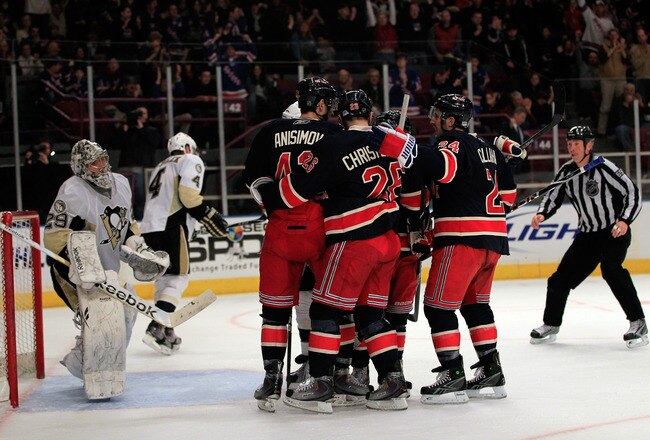 NEW YORK, NY - FEBRUARY 13:  Artem Anisimov #42 of the New York Rangers celebrates his second period goal against the Pittsburgh Penguins at Madison Square Garden on February 13, 2011 in New York City.  (Photo by Chris Trotman/Getty Images)