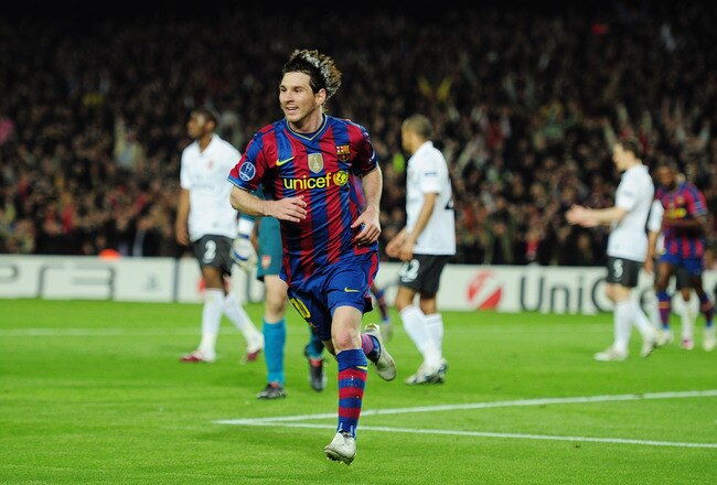 BARCELONA, SPAIN - APRIL 06:  Lionel Messi of Barcelona celebrates scoring his second goal during the UEFA Champions League quarter final second leg match between Barcelona and Arsenal at Camp Nou on April 6, 2010 in Barcelona, Spain.  (Photo by Shaun Botterill/Getty Images)