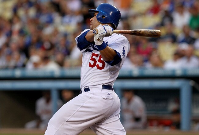 LOS ANGELES, CA - JULY 21:  Russell Martin #55 of the Los Angeles Dodgers bats against the San Francisco Giants on July 21, 2010 at Dodger Stadium in Los Angeles, California.  The Dodgers won 2-0.  (Photo by Stephen Dunn/Getty Images)