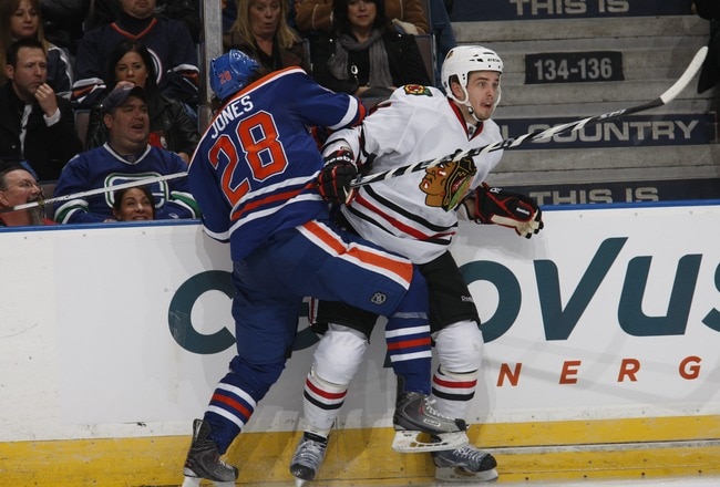 EDMONTON, CANADA - NOVEMBER 17: Niklas Hjalmarsson #4 of the Chicago Black Hawks skates against the Edmonton Oilers on November 17, 2010 at Rexall Place in Edmonton, Alberta, Canada. (Photo by Dale MacMillan/Getty Images)