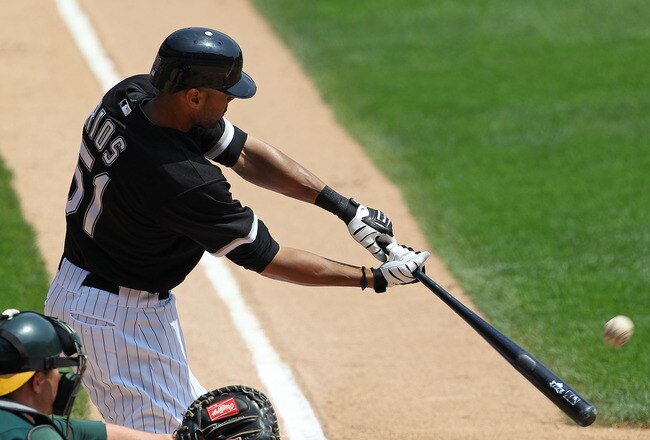 CHICAGO - AUGUST 01: Alex Rios #51 of the Chicago White Sox hits the ball against the Oakland Athletics at U.S. Cellular Field on August 1, 2010 in Chicago, Illinois. The White Sox defeated the Athletics 4-1. (Photo by Jonathan Daniel/Getty Images)