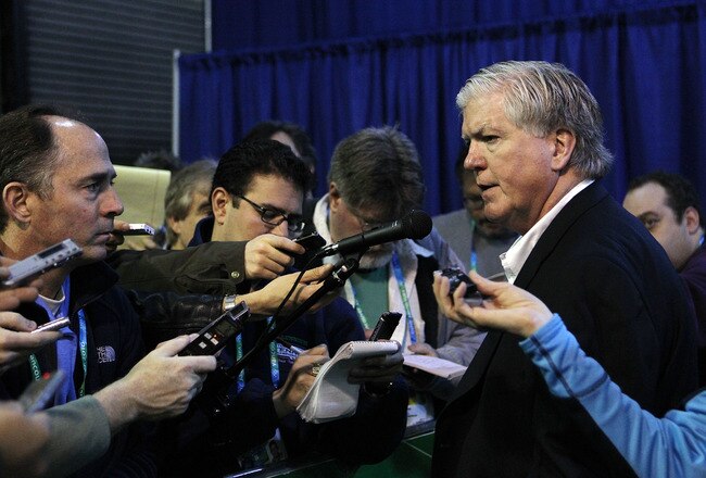VANCOUVER, BC - FEBRUARY 22:  Hockey USA General Manager and Toronto Maple Leafs GM Brian Burke (R) speaks to the media prior to the start of the Women's USA vs. Sweden  women's semifinal game on day 11 of the Vancouver 2010 Winter Olympics at Canada Hockey Place on February 22, 2010 in Vancouver, Canada.  (Photo by Bruce Bennett/Getty Images)