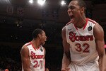 NEW YORK, NY - JANUARY 30: Paris Horne #23 of the St. John's Red Storm celebrates the win with teammate Justin Brownlee #32 against the Duke Blue Devils  at Madison Square Garden on January 30, 2011 in New York City.  (Photo by Nick Laham/Getty Images)