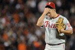 SAN FRANCISCO - OCTOBER 20:  Joe Blanton #56 of the Philadelphia Phillies reacts in the fifth inning of Game Four of the NLCS against the San Francisco Giants during the 2010 MLB Playoffs at AT&T Park on October 20, 2010 in San Francisco, California.  (Photo by Harry How/Getty Images)