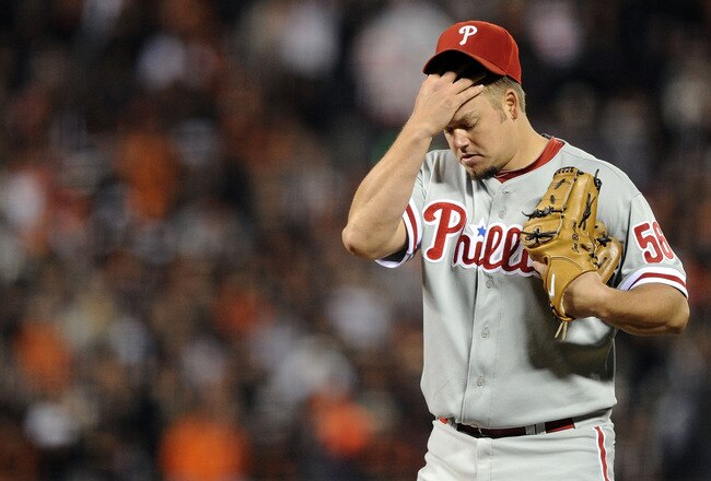 SAN FRANCISCO - OCTOBER 20:  Joe Blanton #56 of the Philadelphia Phillies reacts in the fifth inning of Game Four of the NLCS against the San Francisco Giants during the 2010 MLB Playoffs at AT&T Park on October 20, 2010 in San Francisco, California.  (Photo by Harry How/Getty Images)