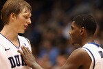 DURHAM, NC - DECEMBER 01:  Kyrie Irving #1 of the Duke Blue Devils and teammate Kyle Singler #12 during their game against the Michigan State Spartans at Cameron Indoor Stadium on December 1, 2010 in Durham, North Carolina.  (Photo by Streeter Lecka/Getty Images)