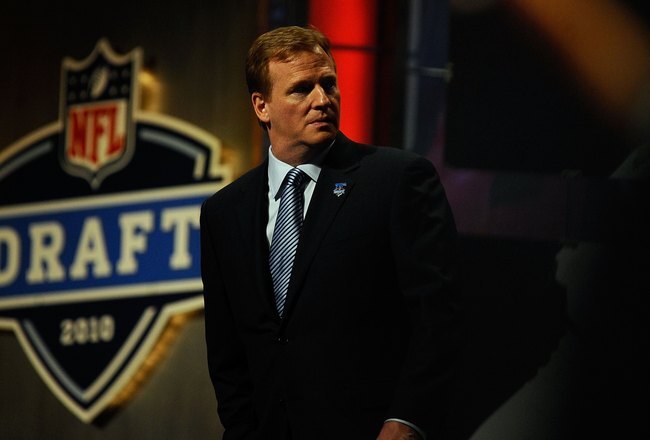 NEW YORK - APRIL 22:  NFL Commissioner Roger Goodell looks on as he stands on stage during the first round of the 2010 NFL Draft at Radio City Music Hall on April 22, 2010 in New York City.  (Photo by Jeff Zelevansky/Getty Images)