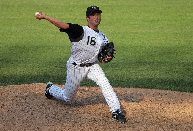 DENVER - SEPTEMBER 15:  Relief pitcher Huston Street #16 of the Colorado Rockies delivers against the San Diego Padres at Coors Field on September 15, 2010 in Denver, Colorado. Street earned a save as the Rockies defeated the Padres 9-6.  (Photo by Doug Pensinger/Getty Images)