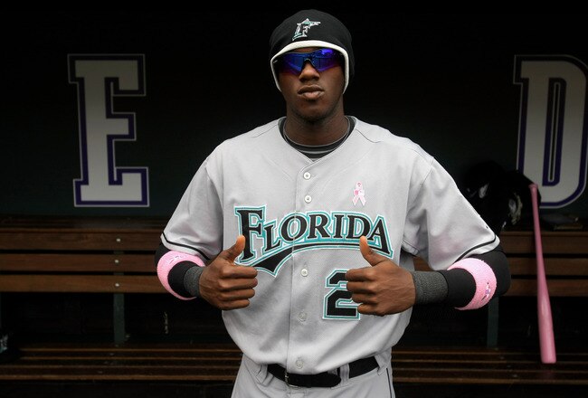 DENVER - MAY 10:  Cameron Maybin #24 of the Florida Marlins shows off his pink accessories in support of the 'Going To Bat Against Breast Cancer' promotion prior to facing the Colorado Rockies during MLB action at Coors Field on May 10, 2009 in Denver, Colorado.  (Photo by Doug Pensinger/Getty Images)