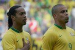 GENEVA - JUNE 04: Ronaldinho and Ronaldo of Brazil during the international friendly match between Brazil and New Zealand at the Stadium de Geneva on June 4, 2006 in Geneva , Switzerland.  (Photo by David Cannon/Getty Images)