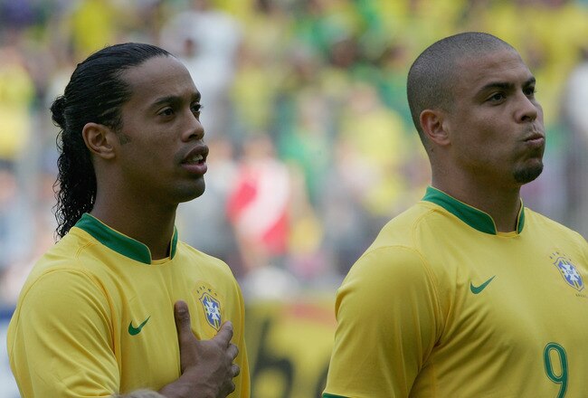 GENEVA - JUNE 04: Ronaldinho and Ronaldo of Brazil during the international friendly match between Brazil and New Zealand at the Stadium de Geneva on June 4, 2006 in Geneva , Switzerland.  (Photo by David Cannon/Getty Images)