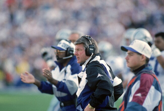 PASADENA, CA - JANUARY 31:  Dallas Cowboys head coach Jimmy Johnson watches the action from the sidelines during Super Bowl XXVII against the Buffalo Bills at the Rose Bowl on January 31, 1993 in Pasadena, California.  The Cowboys won 52-17.  (Photo by George Rose/Getty Images)