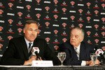 NEW YORK - MAY 13:  New head coach of the New York Knicks Mike D'Antoni (L) speaks to the media as team president Donnie Walsh (R) looks on during a press conference on May 13, 2008 at Madison Square Garden in New York City. NOTE TO USER: User expressly acknowledges and agrees that, by downloading and or using this Photograph, User is consenting to the terms and conditions of the Getty Images License Agreement.  (Photo by Mike Stobe/Getty Images)