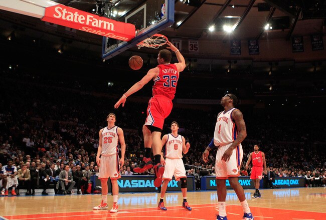 NEW YORK, NY - FEBRUARY 09:  Blake Griffin #32 of the Los Angeles Clippers dunks the ball against the New York Knicks at Madison Square Garden on February 9, 2011 in New York City. NOTE TO USER: User expressly acknowledges and agrees that, by downloading and/or using this Photograph, User is consenting to the terms and conditions of the Getty Images License Agreement. The Clippers defeated the Knicks 116-108.  (Photo by Chris Trotman/Getty Images)