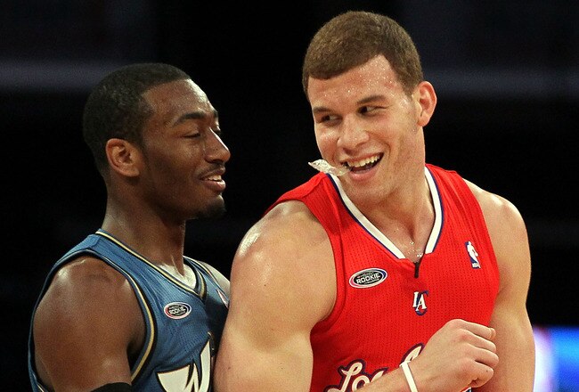 LOS ANGELES, CA - FEBRUARY 18:  John Wall #2 of the Washington Wizards and the Rookie Team and Blake Griffin #32 of the Los Angeles Clippers and the Rookie Team laugh on the court in the second half during the T-Mobile Rookie Challenge and Youth Jam at Staples Center on February 18, 2011 in Los Angeles, California.  (Photo by Jeff Gross/Getty Images)