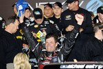 DAYTONA BEACH, FL - FEBRUARY 18:  Michael Waltrip, driver of the #15 NASCAR RACE View/Wounded Warrior Project Toyota, celebrates in Victory Lane after winning the NASCAR Camping World Truck Series NextEra Energy Resources 250 at Daytona International Speedway on February 18, 2011 in Daytona Beach, Florida.  (Photo by Todd Warshaw/Getty Images for NASCAR)