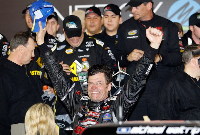 DAYTONA BEACH, FL - FEBRUARY 18:  Michael Waltrip, driver of the #15 NASCAR RACE View/Wounded Warrior Project Toyota, celebrates in Victory Lane after winning the NASCAR Camping World Truck Series NextEra Energy Resources 250 at Daytona International Speedway on February 18, 2011 in Daytona Beach, Florida.  (Photo by Todd Warshaw/Getty Images for NASCAR)