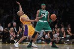 LOS ANGELES, CA - JANUARY 30:  Paul Pierce #34 of the Boston Celtics is defended by Derek Fisher #2 of the Los Angeles Lakers in the first half at Staples Center on January 30, 2011 in Los Angeles, California. The Celtics defeated the Lakers 109-96.  (Photo by Jeff Gross/Getty Images)